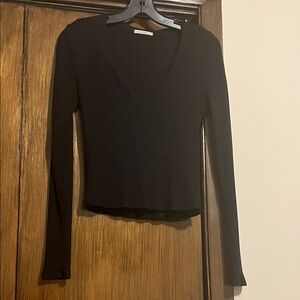 Black V-Neck Ribbed Women's Top